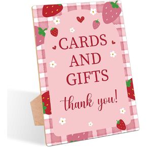 Strawberry Baby Shower Table Sign, Cards and Gifts Sign, Pack of 1 Wooden Tabletop Sign with Stand, Berry Baby Shower Supplies, Gender Reveal Party Decorations - RG58