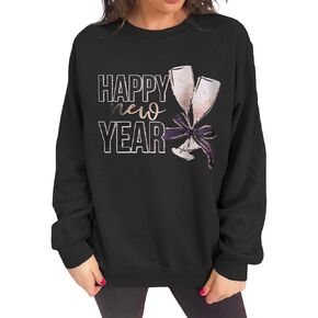 SOFEON Womens Happy New Year Sweatshirts Glass Bow Tie Graphic Long Sleeve Shirts Crewneck Pullover Tops Oversized Tees