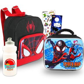 Miles Morales Mini Backpack with Lunch Box Set - Bundle of 10" Spiderman Backpack, Lunch Bag, Water Bottle, Stickers, More