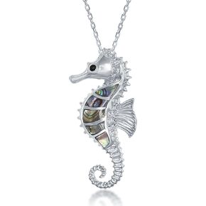 Sterling Silver Natural Abalone Shell Sea Horse Pendant with 18" Chain
