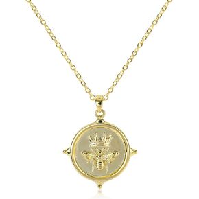 NEKOL Gold Crown Bee Pendant Necklace for Women 14K Gold Plated Bee Coin Disc Pendant Necklace Bee Charm Medallion Necklace Animal Bumble Bee Adjustable Chain Trendy Jewelry Gift for Her