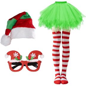 NUMJAW Miss Claus Costume Women Mrs Claus Costume Adult Women Mrs. Claus Costume for Women Christmas Costume,Mrs Santa Claus Outfit With Santa Hat, Tutu Skirt, Striped Tights, Glitter Glasses
