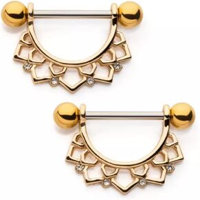 Pierced Owl 14GA Gold Tone 316L Stainless Steel Lotus Flower with CZ Crystals Dangling Nipple Barbells, Sold as a Pair