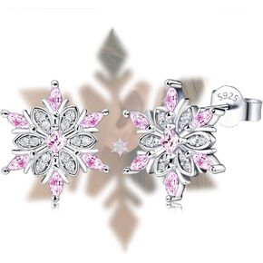 Sterling Silver Snowflake Earrings Studs Charms Hypoallergenic Fashion Pink CZ Stud Jewelry Birthday Gift for Women