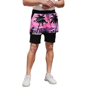 WDIRARA Men's Tropical Print 2 in 1 Basketball Shorts Drawstring Waist Boho Track Shorts
