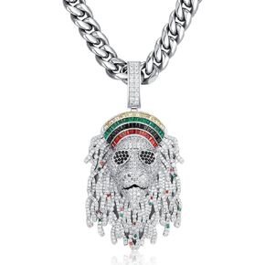 Iced Out Big Lion Rapper Drip CZ Diamond Pendant Cuban Chain Necklace, 18K Plating Bling Zirconia Hip Hop Fashion Charm Jewelry for Men