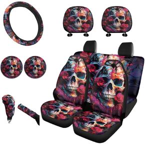 Horeset Cow Print Car Seat Covers Full Set Steering Wheel Cover with Tribal Style Navajo Car Seat Headrest Cover Gear Shift Knob and Handbrake Cover and Cupholder Pad for Car SUV