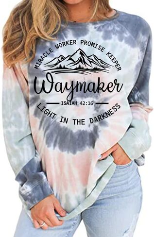 MUZHI Women's Casual Color Block Tie Dye Crewneck Faith Over Fear Long Sleeve Loose Pullover Sweatshirt Tops in Kuwait