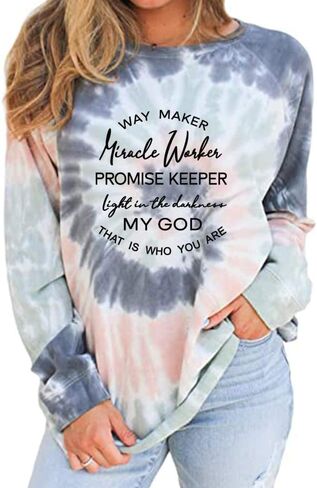 MUZHI Women's Casual Color Block Tie Dye Crewneck Faith Over Fear Long Sleeve Loose Pullover Sweatshirt Tops in Kuwait