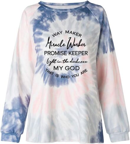 MUZHI Women's Casual Color Block Tie Dye Crewneck Faith Over Fear Long Sleeve Loose Pullover Sweatshirt Tops in Kuwait