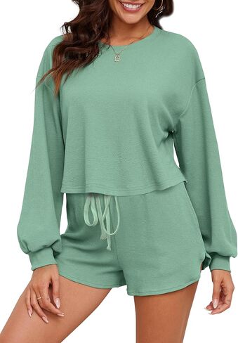 Womens 2 Piece Outfits Short Sets Long Sleeve and Shorts Mathing Set Cozy Knit Lounge Set with Pockets in Saudi Arabia