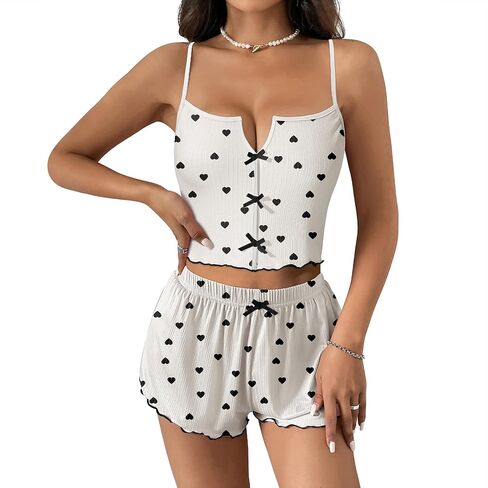 Komorebi Cute Pajamas Sets for Women Summer Bow Front Cami Top and Shorts Sleeveless Heart Patterned Sets Sleepwear in Saudi Arabia