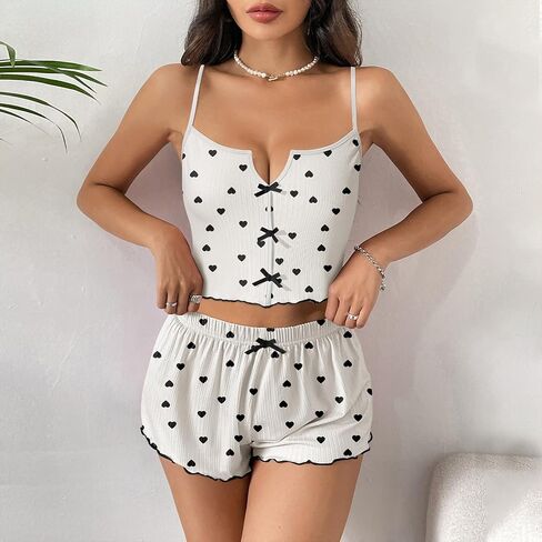 Komorebi Cute Pajamas Sets for Women Summer Bow Front Cami Top and Shorts Sleeveless Heart Patterned Sets Sleepwear in Saudi Arabia