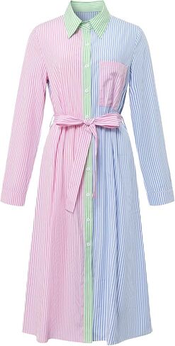 Women's Long Sleeve Button Striped Dresses Lapel Casual Loose Belted Shirt Dresses in Saudi Arabia