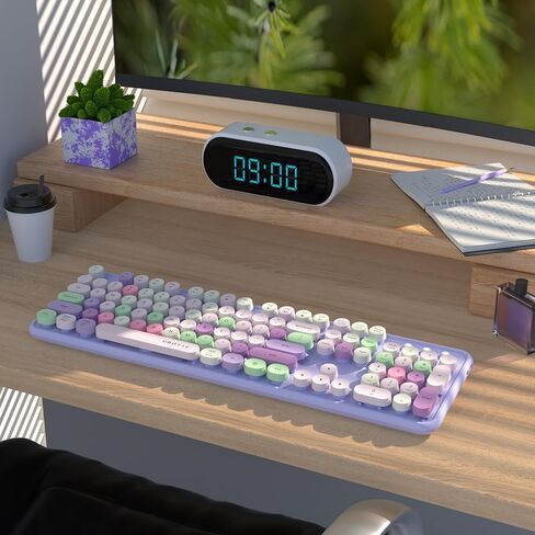 UBOTIE Dual Mode Colorful Wireless Keyboard, Bluetooth and USB Receiver Retro Typewriter Round Keycaps Keyboard Support Multi Devices for PC Laptop Tablet Phones(Purple-White) in Kuwait