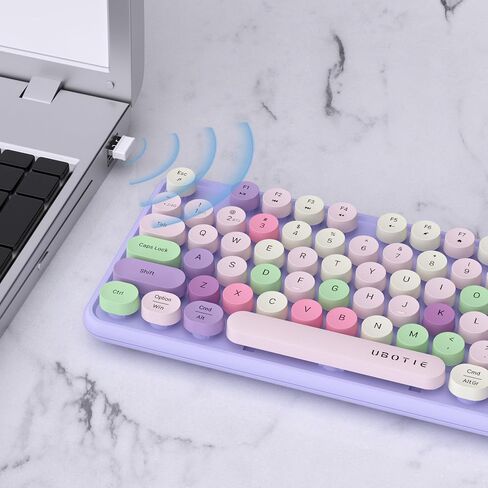 UBOTIE Dual Mode Colorful Wireless Keyboard, Bluetooth and USB Receiver Retro Typewriter Round Keycaps Keyboard Support Multi Devices for PC Laptop Tablet Phones(Purple-White) in Kuwait