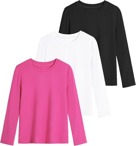 قمصان Auranso للفتيات بأكمام طويلة، 3 قطع من القمصان الرياضية سريعة الجفاف للفتيات باللون الأسود والأبيض والأحمر الوردي 9-10 سنوات in Kuwait