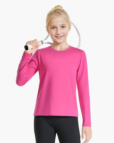 قمصان Auranso للفتيات بأكمام طويلة، 3 قطع من القمصان الرياضية سريعة الجفاف للفتيات باللون الأسود والأبيض والأحمر الوردي 9-10 سنوات in Kuwait