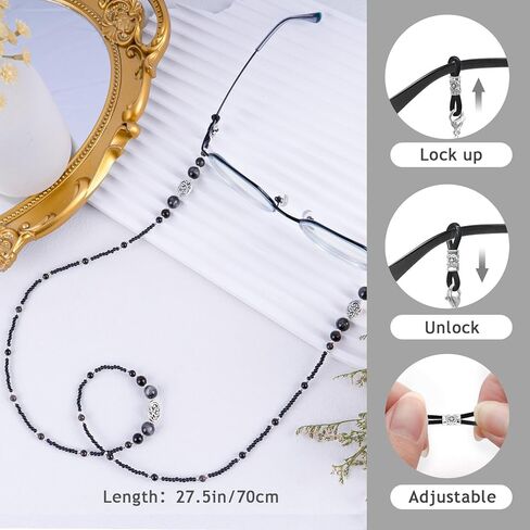سلاسل نظارات مطرزة بالأحجار من بيليون للنساء والرجال، حزام نظارات العين حول الرقبة، حبال تعليق حامل النظارات الشمسية (أسود، سبج) in Kuwait