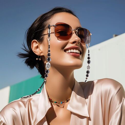 سلاسل نظارات مطرزة بالأحجار من بيليون للنساء والرجال، حزام نظارات العين حول الرقبة، حبال تعليق حامل النظارات الشمسية (أسود، سبج) in Kuwait