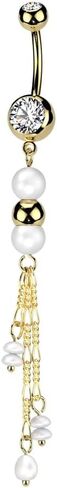 Pierced Owl 14GA 316L Stainless Steel Double Synthetic Pearls with Dangling Chains Belly Button Ring in Kuwait