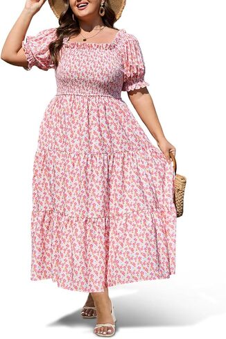 Women's Plus Size Casual Maxi Dress Square Neck Smocked Dress Short Puff Sleeve Floral Solid Summer Dress in Kuwait