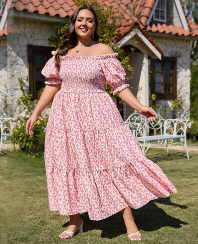 Women's Plus Size Casual Maxi Dress Square Neck Smocked Dress Short Puff Sleeve Floral Solid Summer Dress in Kuwait