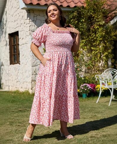 Women's Plus Size Casual Maxi Dress Square Neck Smocked Dress Short Puff Sleeve Floral Solid Summer Dress in Kuwait
