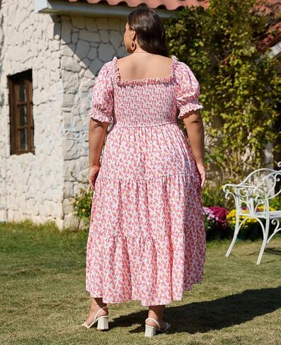 Women's Plus Size Casual Maxi Dress Square Neck Smocked Dress Short Puff Sleeve Floral Solid Summer Dress in Kuwait