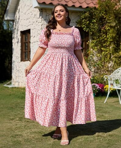 Women's Plus Size Casual Maxi Dress Square Neck Smocked Dress Short Puff Sleeve Floral Solid Summer Dress in Kuwait