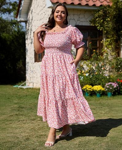 Women's Plus Size Casual Maxi Dress Square Neck Smocked Dress Short Puff Sleeve Floral Solid Summer Dress in Kuwait