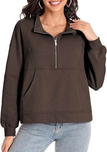 Sweatshirt for Women Half Zip Up Pullover Casual Solid Cropped Sweatshirt Long Sleeve Quarter Zip Outfit Spring Fall Winter Clothes Trendy 2024 with Pocket Coffee S in Saudi Arabia