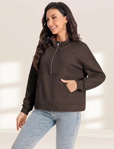 Sweatshirt for Women Half Zip Up Pullover Casual Solid Cropped Sweatshirt Long Sleeve Quarter Zip Outfit Spring Fall Winter Clothes Trendy 2024 with Pocket Coffee S in Saudi Arabia