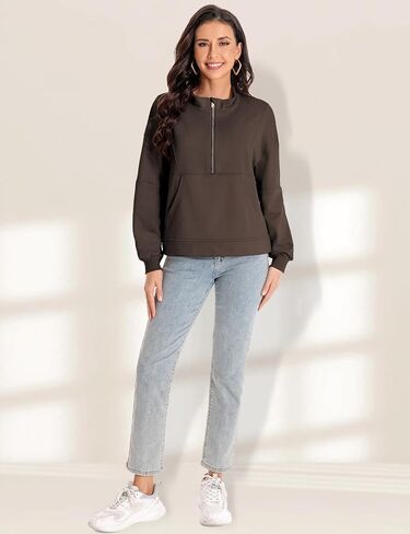 Sweatshirt for Women Half Zip Up Pullover Casual Solid Cropped Sweatshirt Long Sleeve Quarter Zip Outfit Spring Fall Winter Clothes Trendy 2024 with Pocket Coffee S in Saudi Arabia