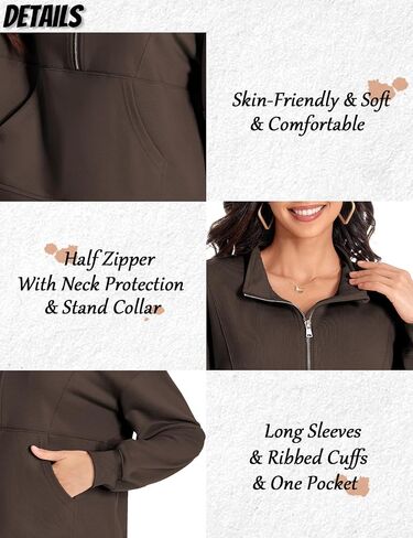 Sweatshirt for Women Half Zip Up Pullover Casual Solid Cropped Sweatshirt Long Sleeve Quarter Zip Outfit Spring Fall Winter Clothes Trendy 2024 with Pocket Coffee S in Saudi Arabia