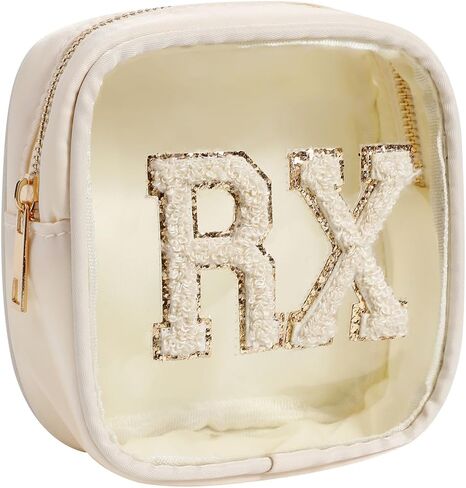 Small Chenille Letter Clear Medicine Makeup Bags,Nylon PVC Waterproof Rx Pouch with Metal Zipper, Cute Drug First Aid Travel Organizer for Women Girls(06Beige) in Kuwait