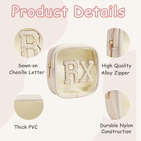 Small Chenille Letter Clear Medicine Makeup Bags,Nylon PVC Waterproof Rx Pouch with Metal Zipper, Cute Drug First Aid Travel Organizer for Women Girls(06Beige) in Kuwait