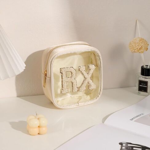 Small Chenille Letter Clear Medicine Makeup Bags,Nylon PVC Waterproof Rx Pouch with Metal Zipper, Cute Drug First Aid Travel Organizer for Women Girls(06Beige) in Kuwait