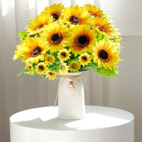 Artificial Sunflower Arrangement in Cream Vase, Silk Fake Flowers in Vase with Jute Rope & Heart Charm, Table Centerpieces for Dining Room, Kitchen and Table Décor