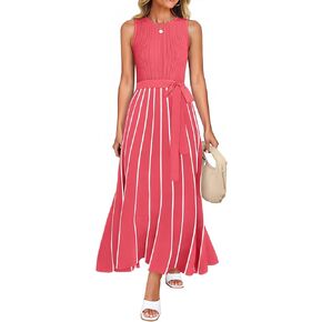 ZESICA Women's Summer Sleeveless Maxi Dress 2025 Crewneck Ribbed Knit Tie Waist Casual A Line Swing Dresses