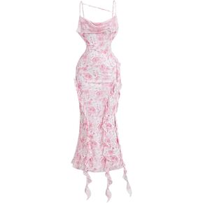 WDIRARA Women's Floral Print Mesh Bodycon Midi Dress Sleeveless Asymmetrical Fishtail Cami Bodycon Dresses