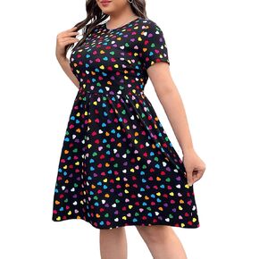 Floerns Women's Plus Size Heart Print Flared Short Sleeve Summer A Line Dress