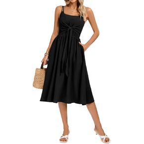 Kate Kasin Women Summer Spaghetti Strap Midi Dress with Pockets Square Neck Tie Front Smocked Back Casual Boho Beach Sundress