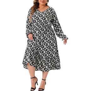 Agnes Orinda Plus Size Dress for Women Boho Floral Print V Neck Long Sleeve Ruffle Hem Long Maxi Dresses Casual Vacation