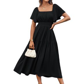 GRACE KARIN Women's Summer Short Sleeve Square Neck Smocked Waist Casual Vacation Tiered Flowy Maxi Dress