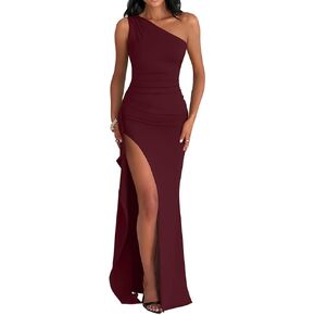LAGSHIAN Women's Elegant Bodycon One Shoulder Sleeveless High Split Ruched Long Formal Evening Dress