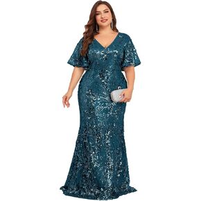Plus Size Glamous Short Sleeves Womens Sequin Dress Formal Gowns Evening Glitter Mermaid Prom Dress