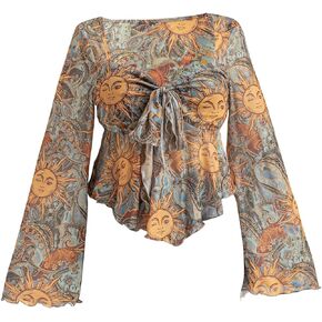 WDIRARA Women's Plus Size Boho Graphic Print Tops Coquette Bow Tie Front Bell Sleeve Blouse Shirt