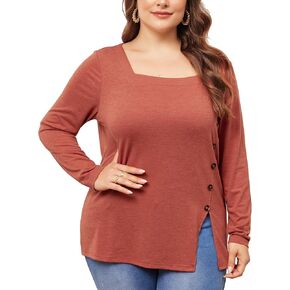 Agnes Orinda Plus Size Top for Women Side Button Square Neck Long Sleeve Casual Tunic Blouse