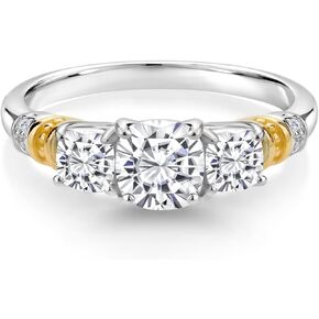 Gem Stone King 925 Sterling Silver and 10K Yellow Gold Customized and Personalized 6MM and 4MM Cushion Cut Gemstone Birthstone 3-Stone Engagement Ring For Women